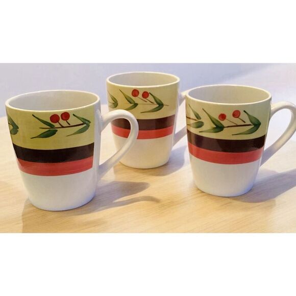 Royal Norfolk Stoneware Coffee Mug Cherry Designed Cups Set Of 3 - Picture 1 of 6